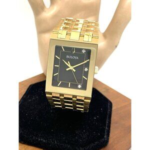 Bulova Men's Watch 97D132 Quadra Quartz Diamond Black Dial Gold Steel 30mm